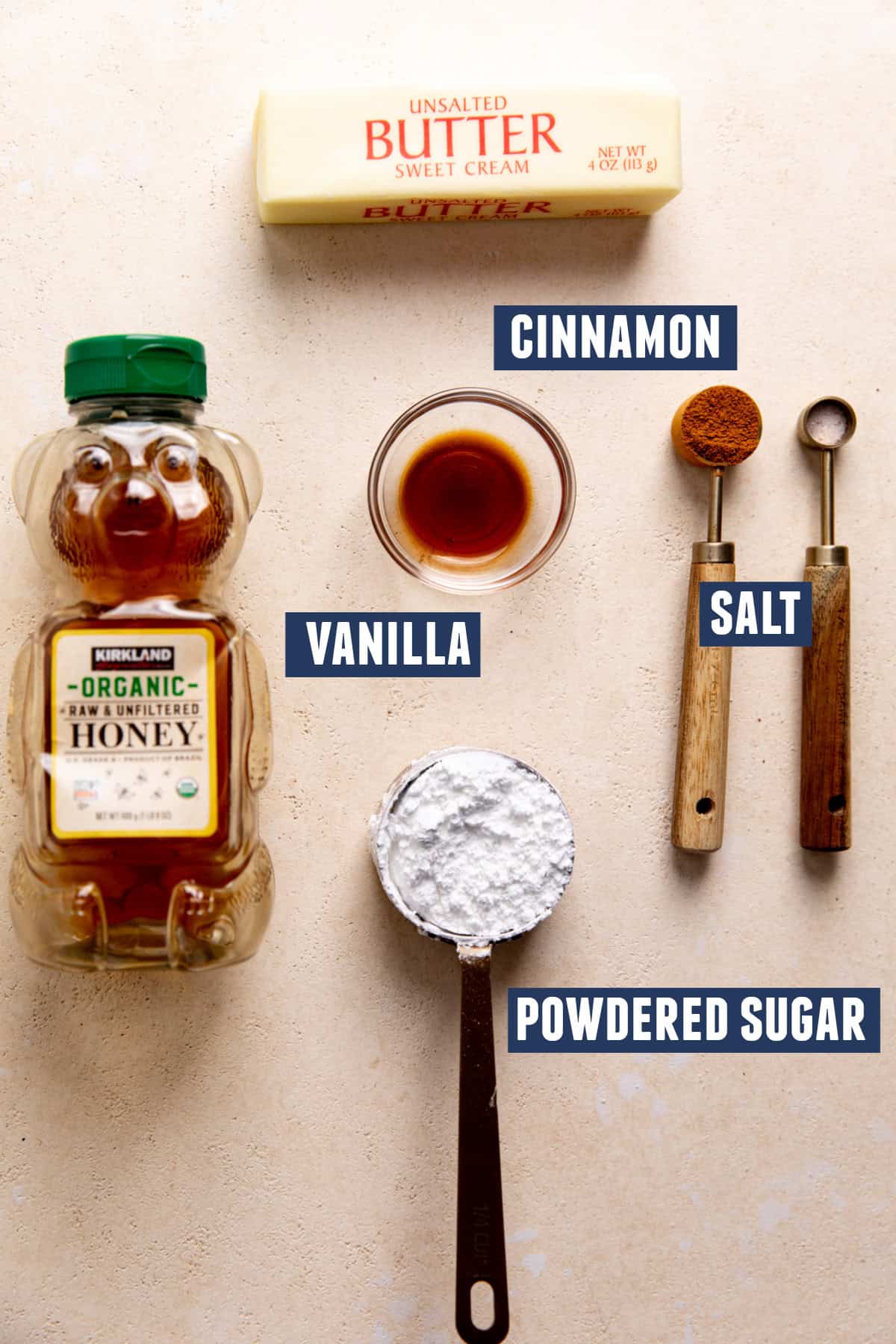 Ingredients needed to make cinnamon honey butter.