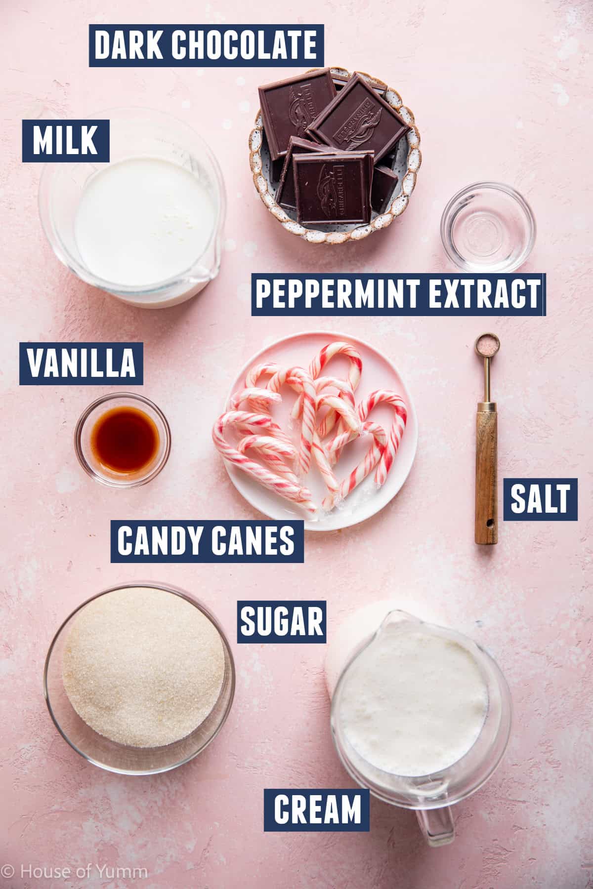 Ingredients needed to make peppermint ice cream.