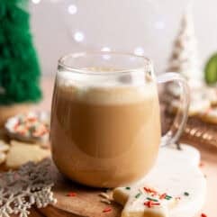 Glass mug with sugar cookie latte.