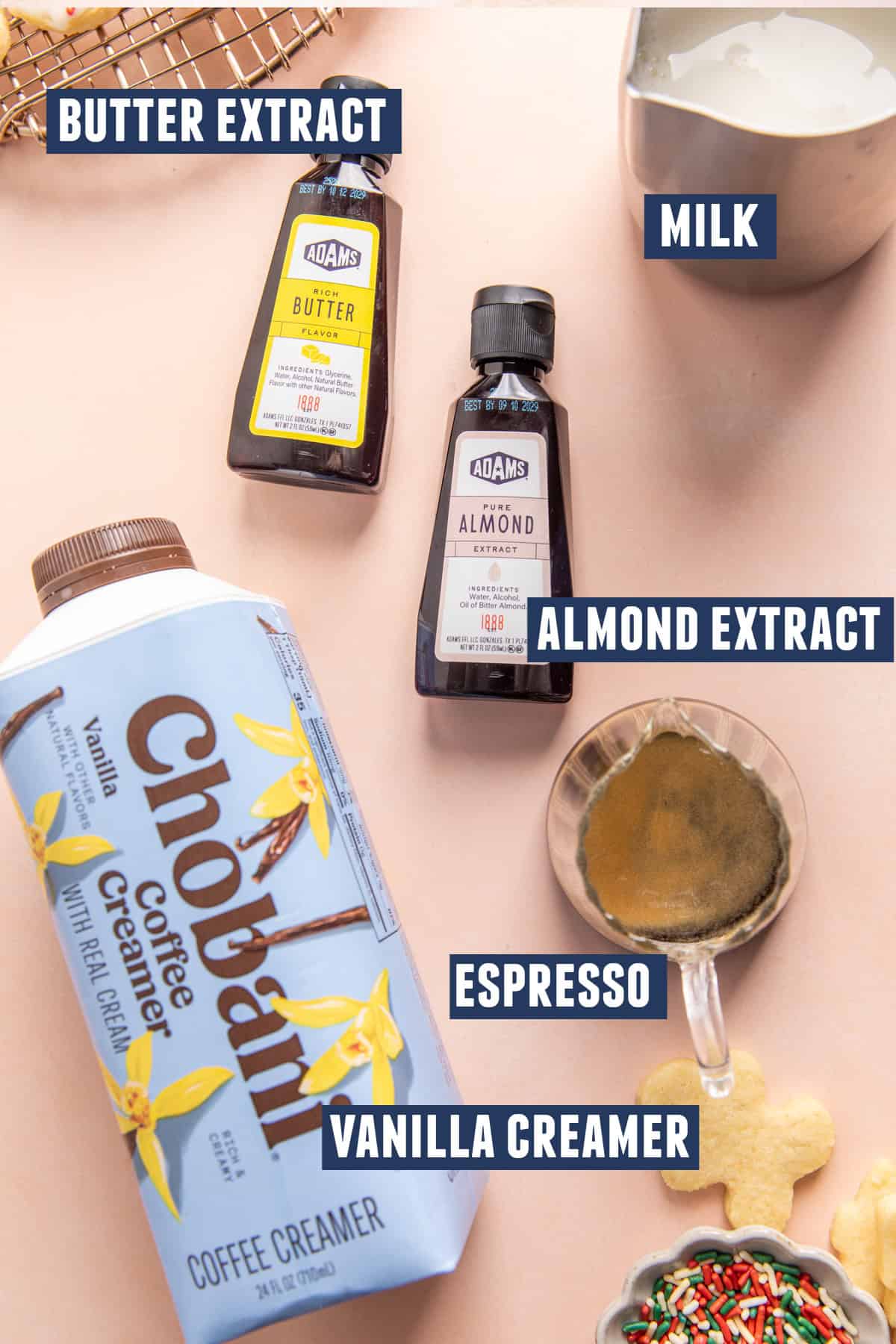 Ingredients needed to make a sugar cookie latte at home.