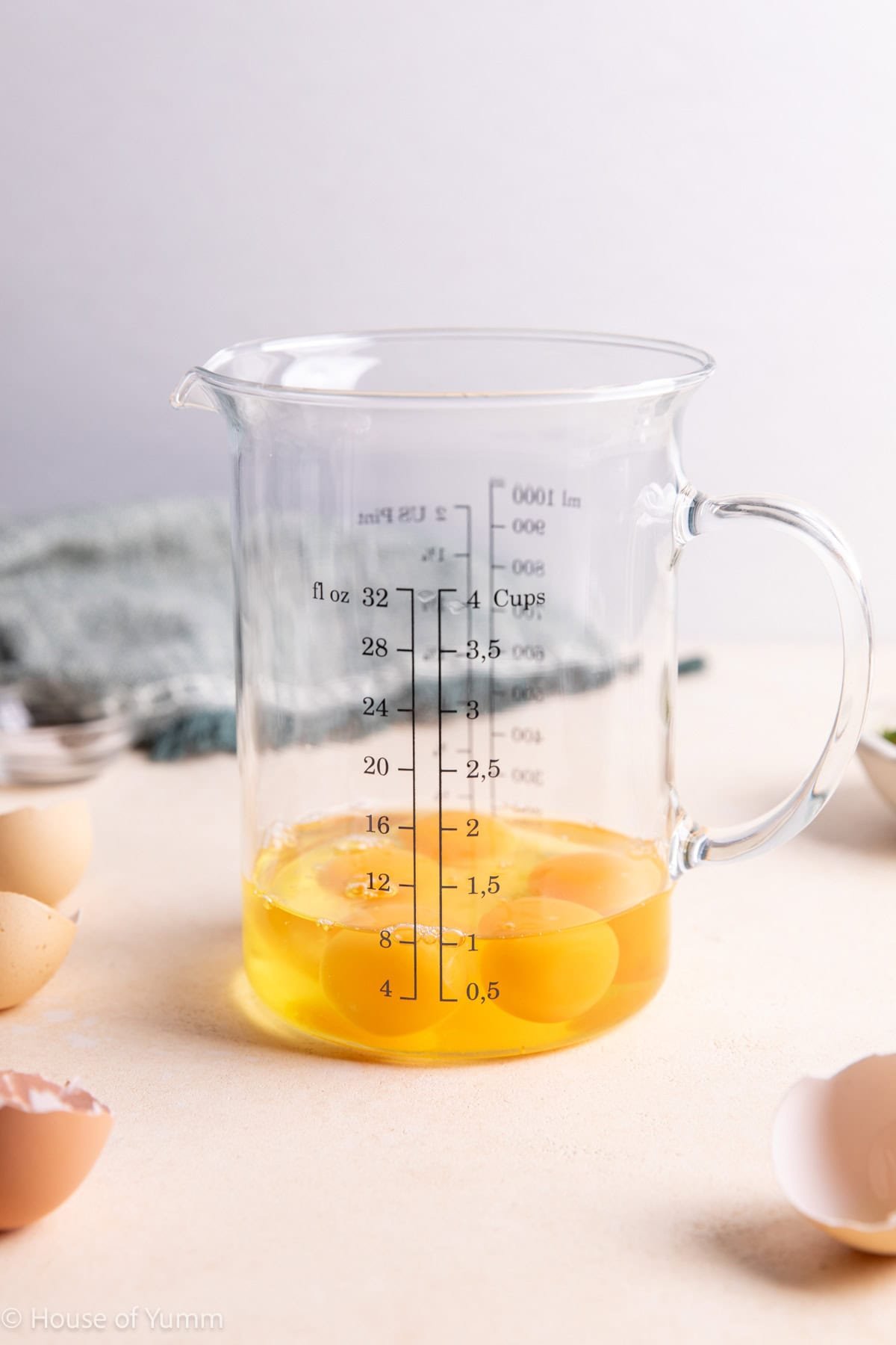 Eggs in a measuring cup.