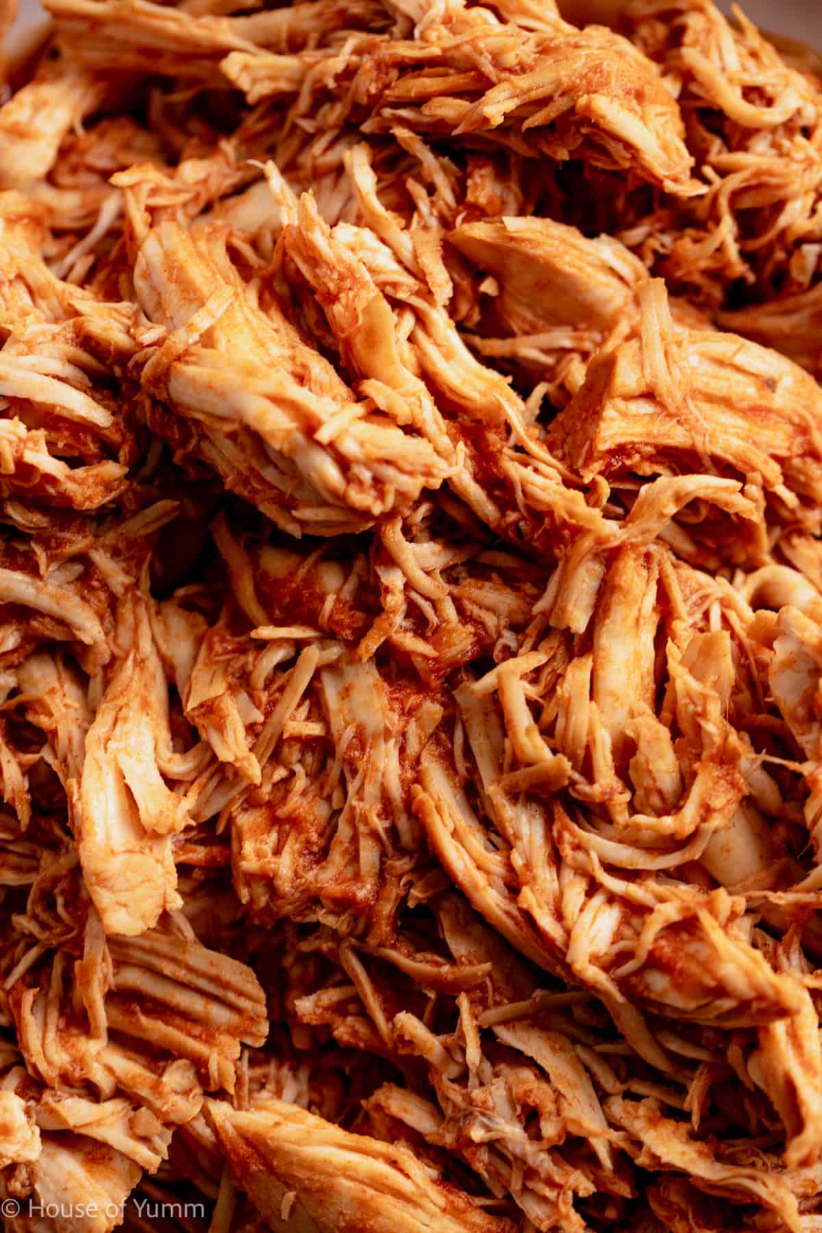 Up close of shredded bbq chicken.
