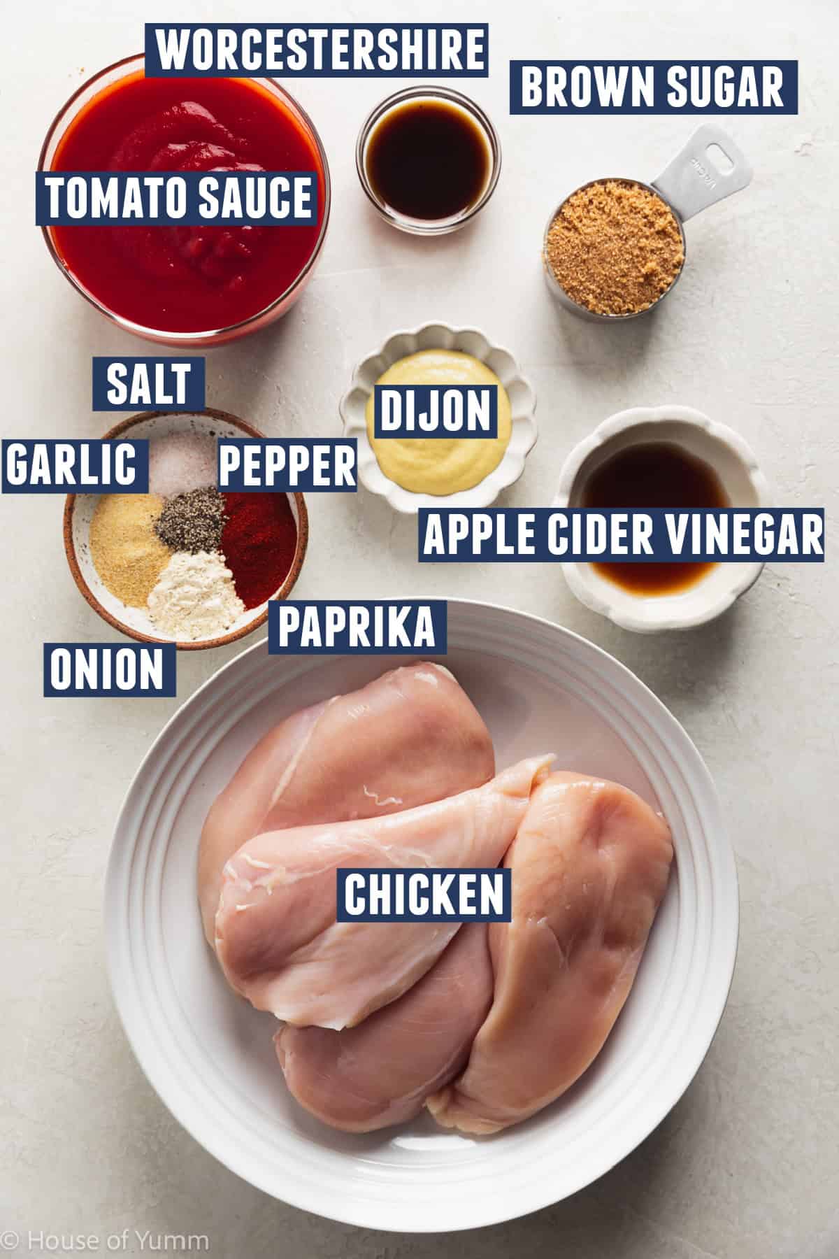 Ingredients needed to make bbq pulled chicken with a homemade bbq sauce.