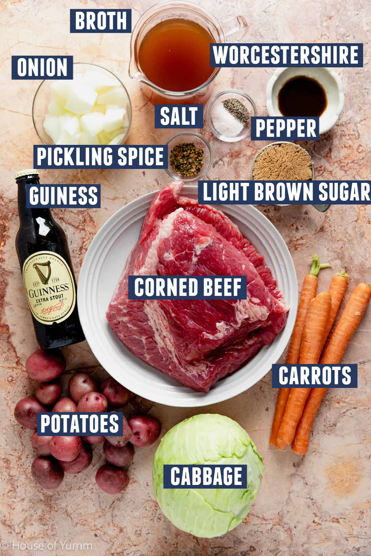 Slow cooker corned beef with guiness ingredients laid out on the counter.