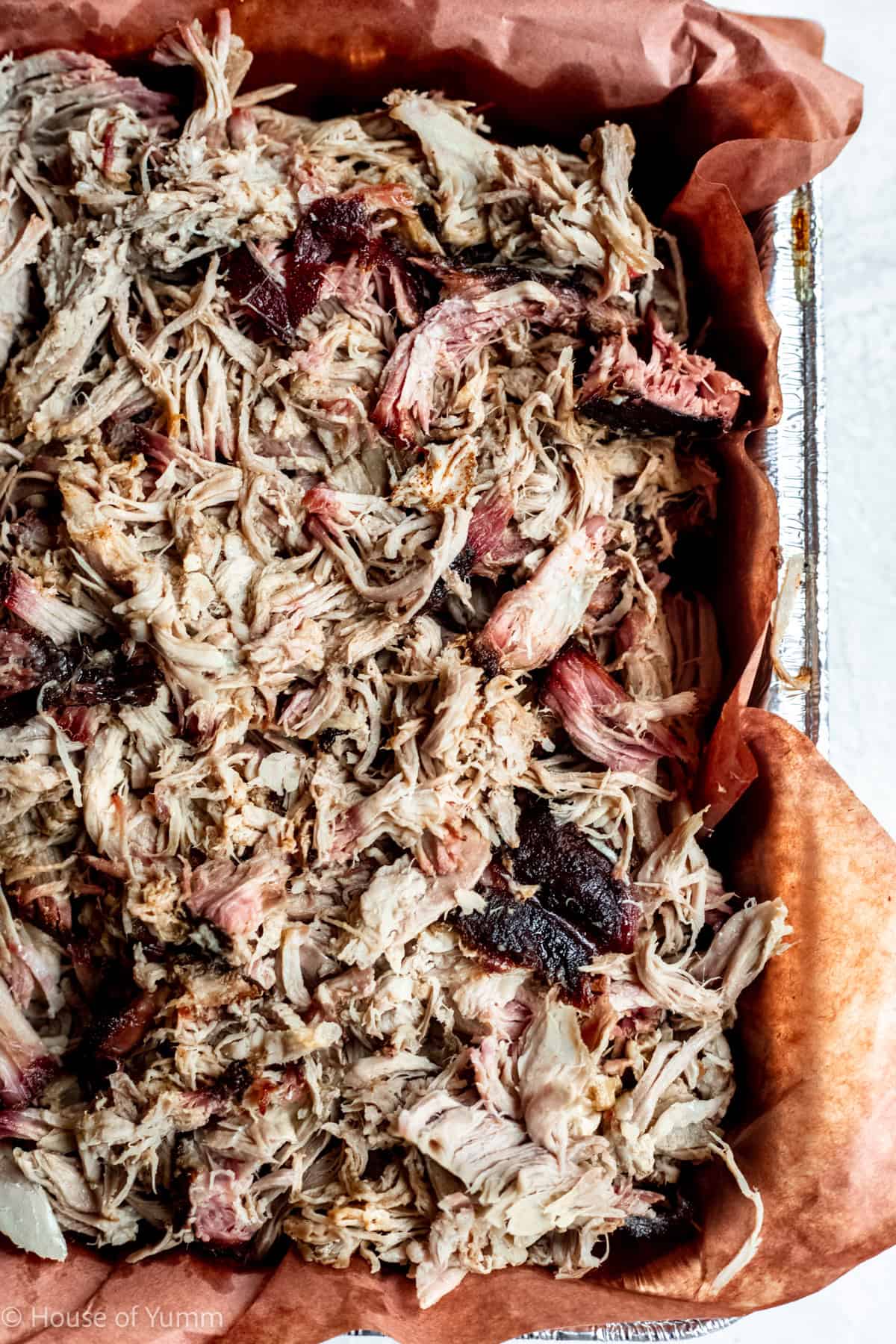 Pulled pork in a tray for serving.