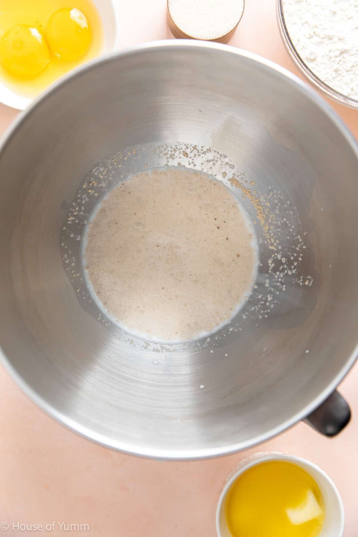 Mixing bowl with yeast activating to make kolache dough.
