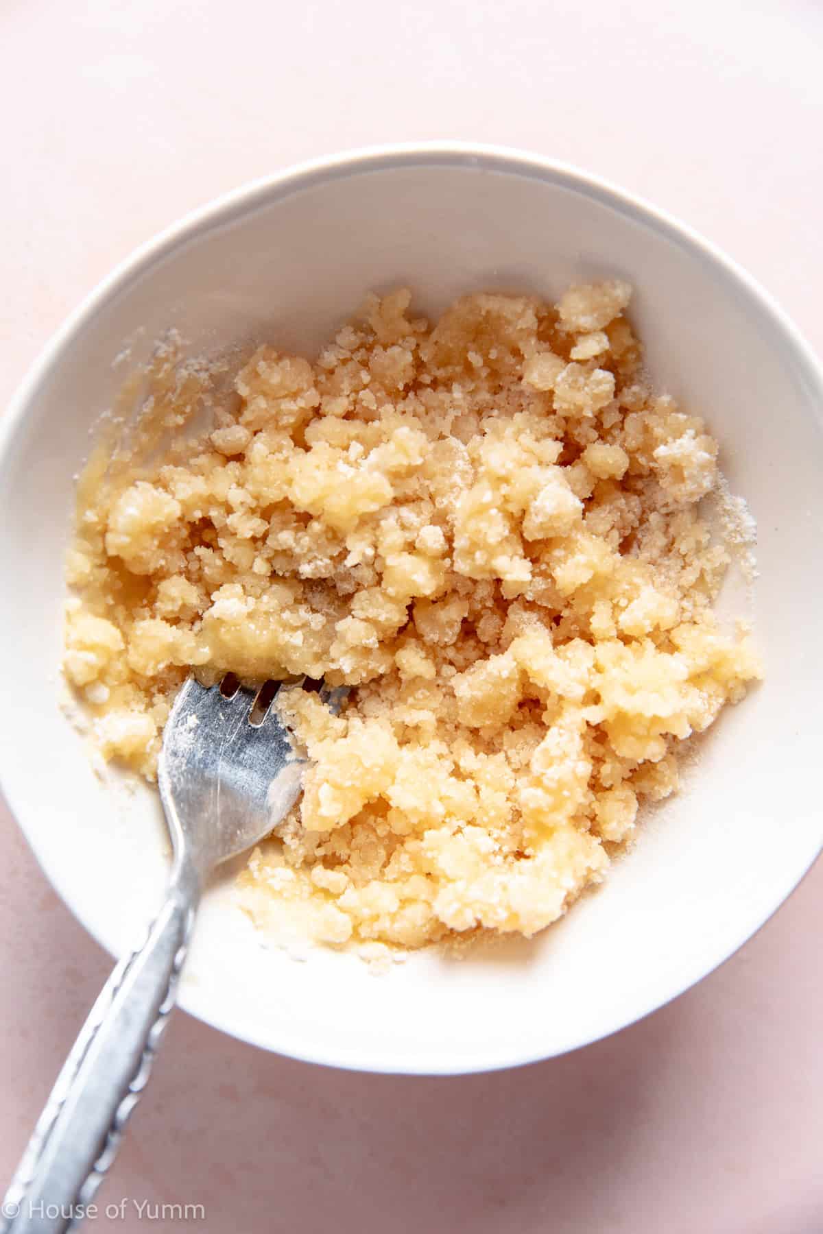 Crumb topping for fruit kolaches in a bowl.