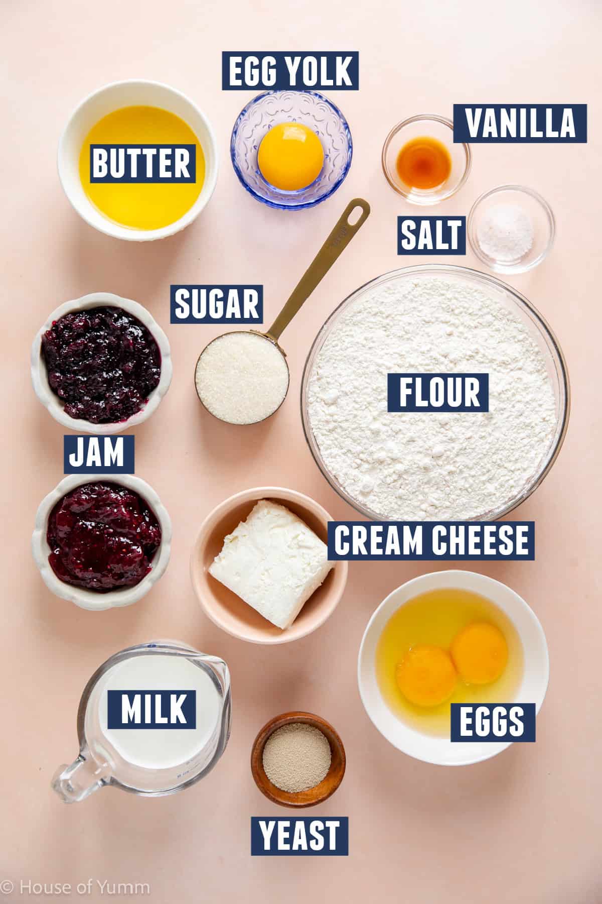 Sweet kolache ingredients laid out on counter.